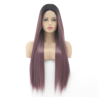 Peluca de moda, gradiente negro, púrpura mixto, pelo liso de longitud media, casco de encaje delantero de fibra química, spot al por mayor LW0099