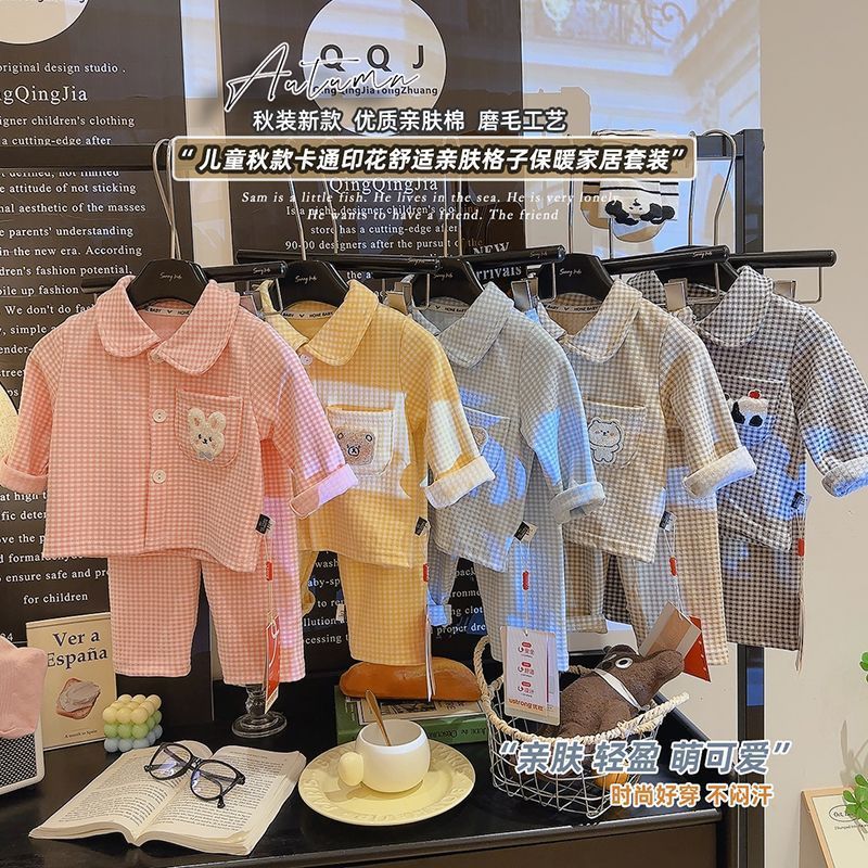 儿童家居服女童套装新款男童德绒长袖卡通格子睡衣两件套宝宝翻领|undefined