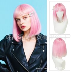 日本のアニメコスプレウィッグ、瑞麗ショートボボピンクフルヘッドセット、女性アンカースタイル、模擬前髪付き