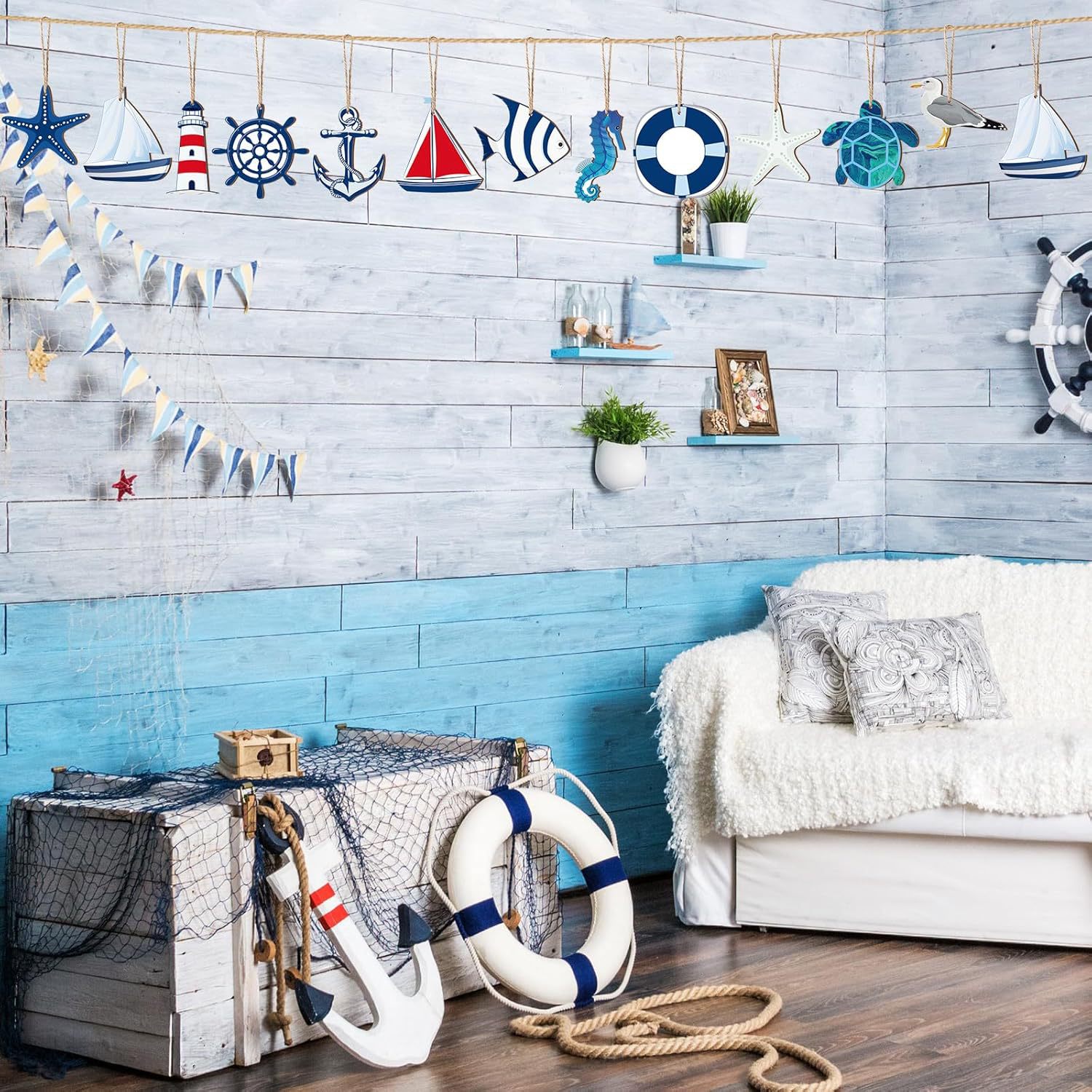 Decoración de madera de verano artesanía de madera decoración náutica mini salvavidas casa estrella de mar vela decoración costera