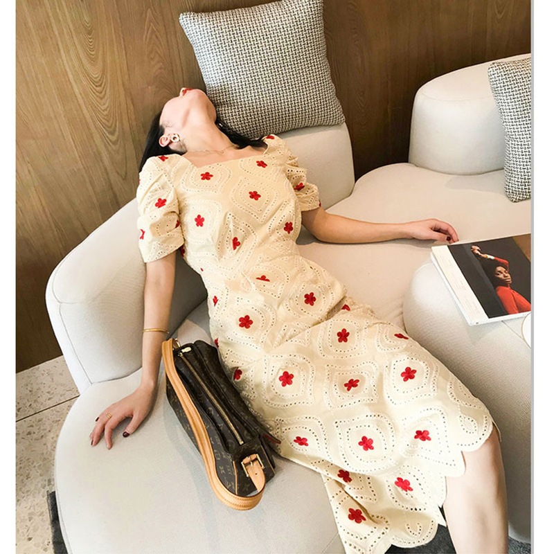 Váy maxi ren vai vuông phong cách Hepburn FL21199, chất voan mùa hè dài ngang đùi — Màu như hình