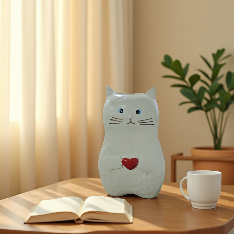 跨境新品抱爱心猫咪花 瓶装饰树脂工艺品爱猫者礼物家居摆件|undefined