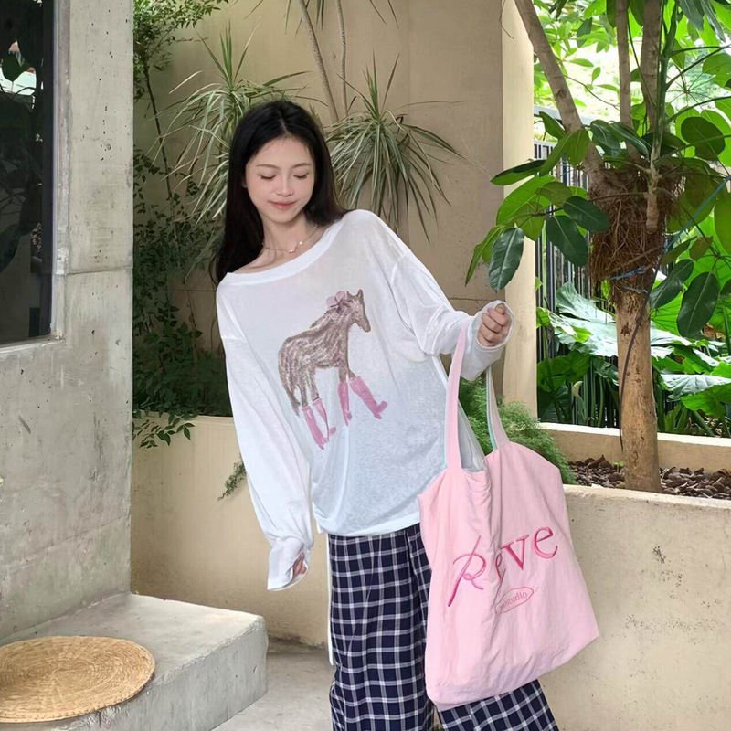 Loose-Fitting, Slightly See-Through Cartoon Pony Long-Sleeve Sun Protection Cover-Up for Women, New Summer Style, Versatile Drawstring Stylish Top Loose-Fitting, Slightly See-Through Cartoon Pony Long-Sleeve Sun Protection Cover-Up for Women, New Summer Style, Versatile Drawstring Stylish Top