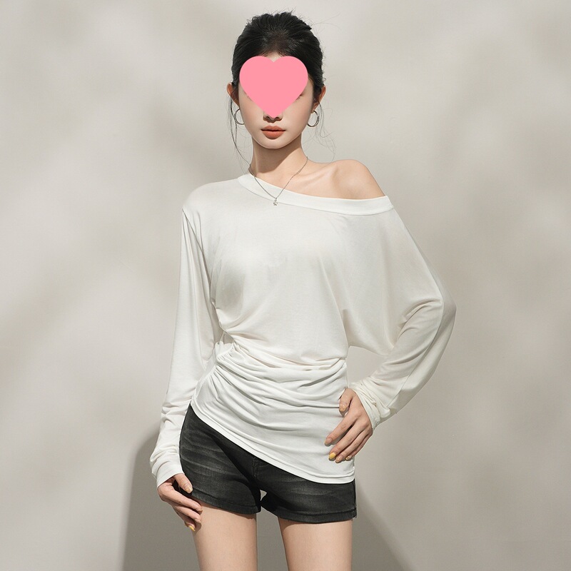 Jiyou White Irregular Lyocell Asymmetrical Off-Shoulder Sun-Protective Long-Sleeve T-Shirt Cover-Up for Women, 2026 Summer Thin Top
