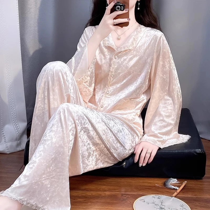 春秋季金丝绒睡衣女长袖长裤套装秋冬季仙女风公主风家居服可外穿|undefined