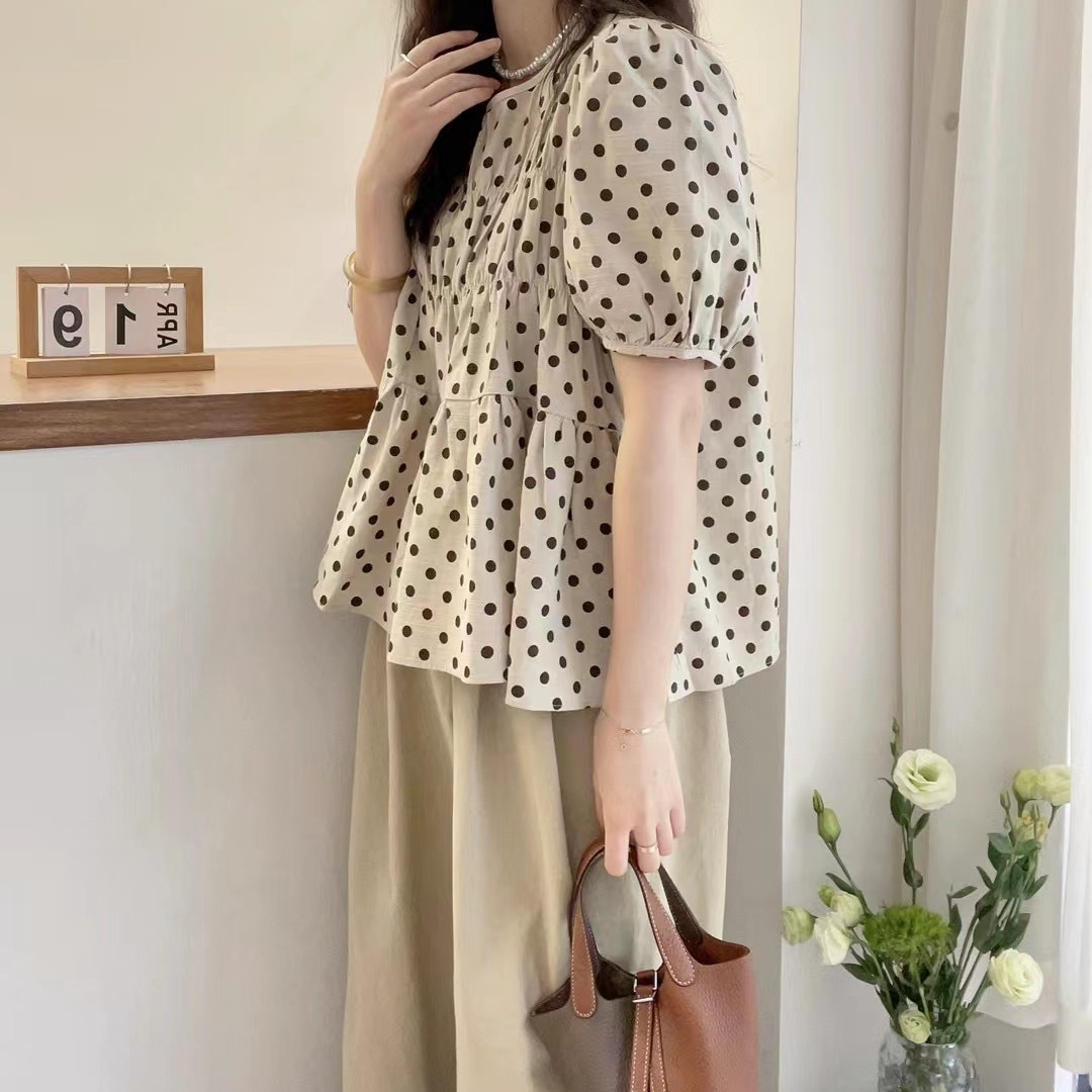欧洲站2024夏季复古法式泡泡袖圆领波点衬衫上衣女娃娃版小衫短袖
