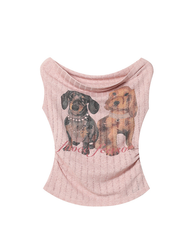ホットガールピンク子犬オフショルダー半袖Tシャツレディース夏デザインウエストスリムワンショルダートップ|undefined