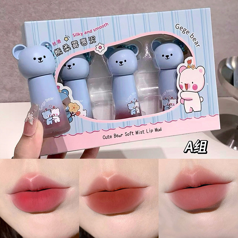 Gegebear Bear Soft Mist Lip Mud Cover Box no es fácil de tocar tazas de terciopelo mate no es fácil de descolorar el conjunto de lápiz labial blanco
