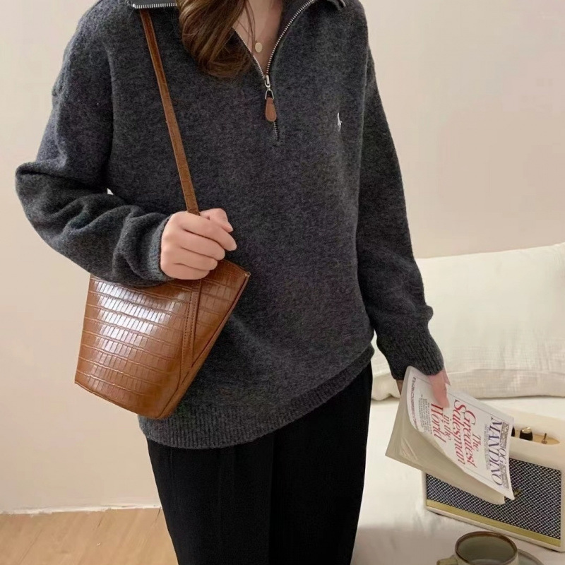 秋冬新作韓国スタイルポニー刺繍ジッパーラペルプルオーバーセータールーズニットセーター万能ニットトップ|undefined