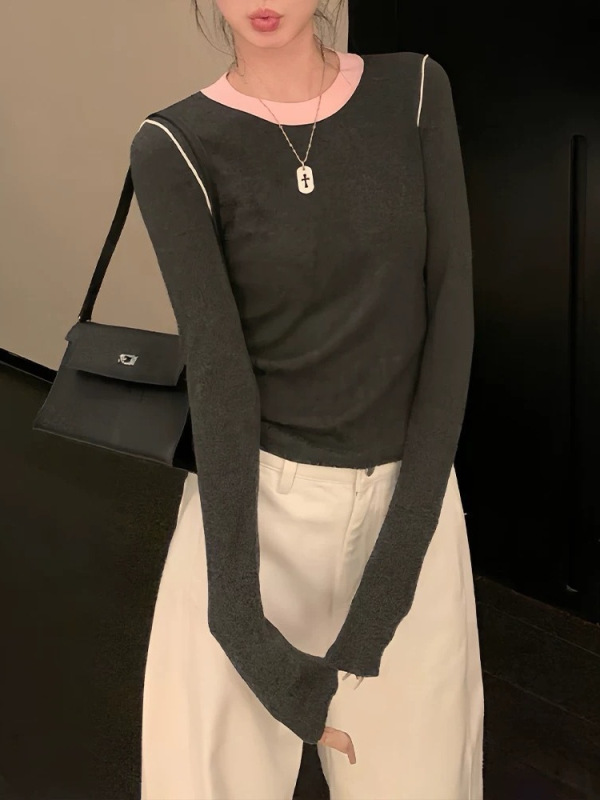 欧阳家 撞色针织衫女冬季新款圆领内搭打底衫修身显瘦长袖上衣|undefined