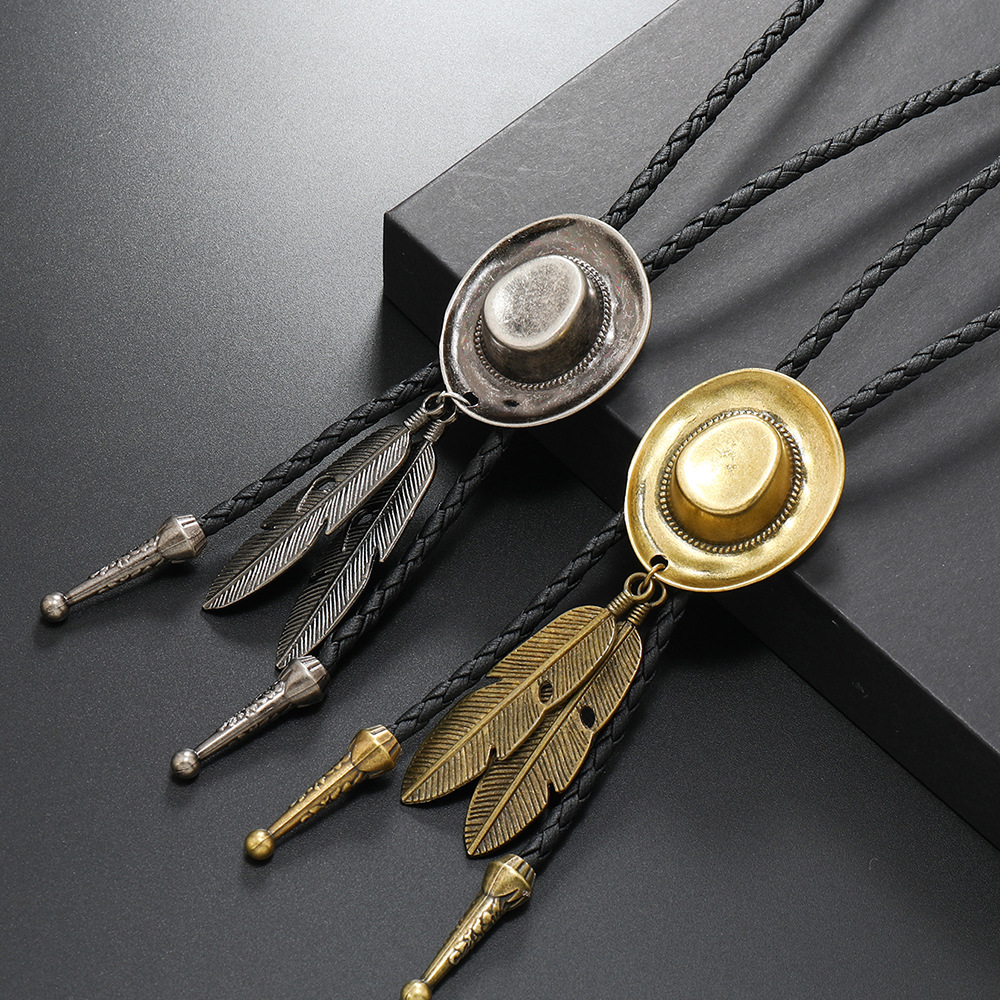 Retro Hat Feather Pu Leather Alloy Unisex Bolo Tie Necklaces display picture 4