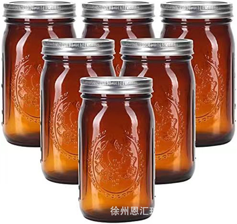 批发茶色玻璃梅森杯跨境亚马逊马口铁盖棕色梅森罐酱菜果酱密封罐