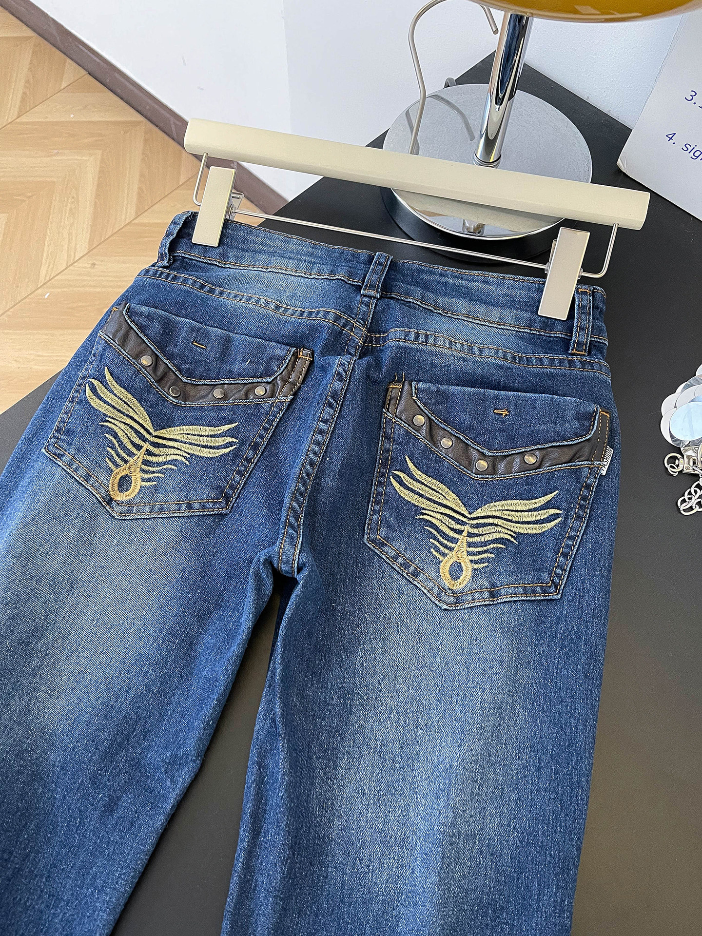 Women's Low Rise Straight Leg Jeans Embroidered Spicy Style Casual Trousers Spring Fashion With Pockets Slightly Flared Floor-Length_ecoleips.com