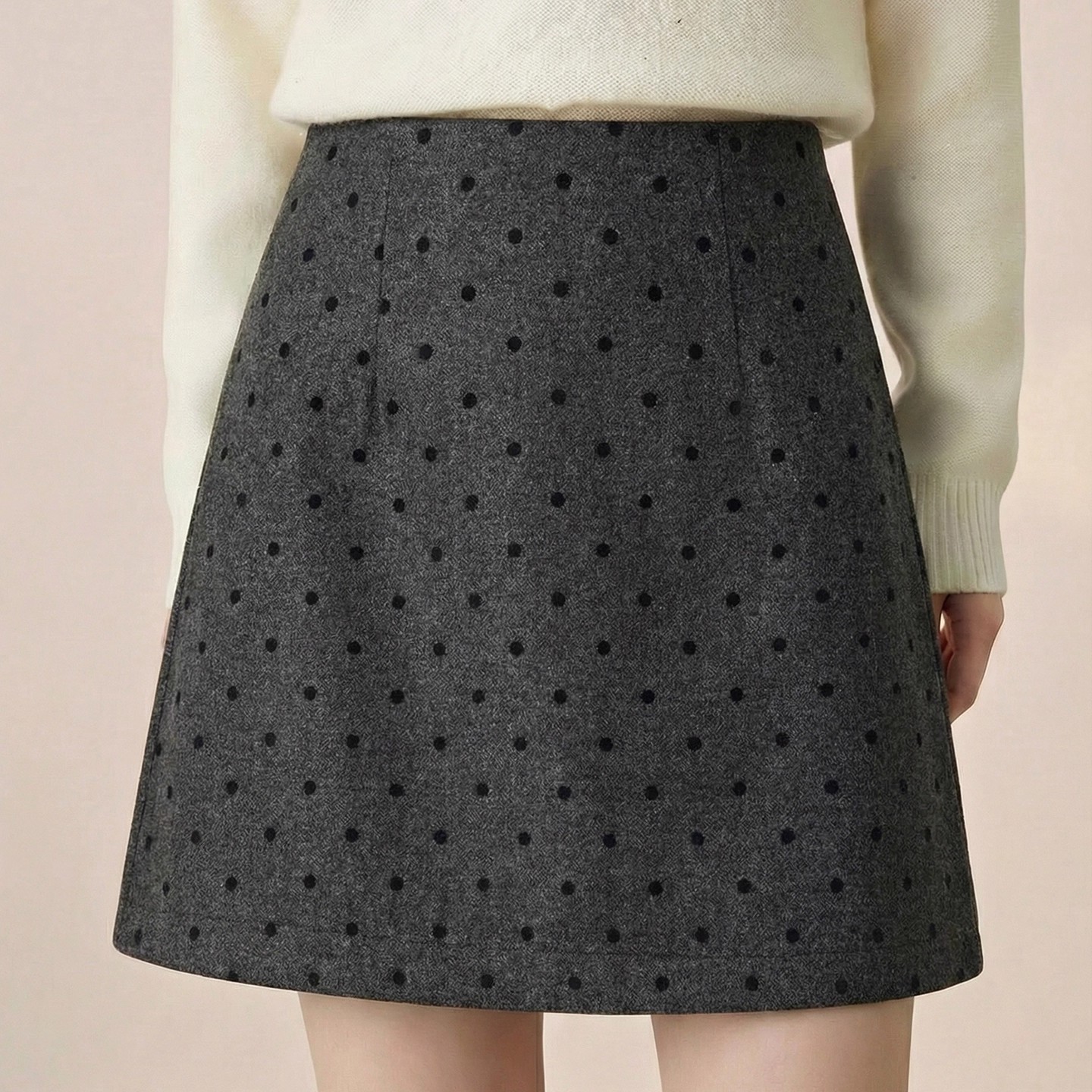 Grey polka dot wool midi skirt for women, new winter 2026 style, petite, fashionable, high-waisted, slimming, bodycon skirt, short skirt.