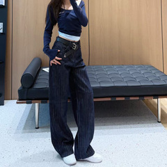 南油女装裤子2025早秋刺绣条纹弯刀阔腿裤女收腰带宽松垂感休闲裤