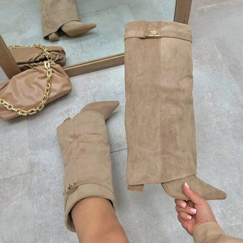 Cross-Border Women's Boots Pointed Toe Large Tube Straight Metal Buckle Mid-Length Boots Large Size Thick Heel Trouser Boots Women's Boots Cross-Border Women's Boots Pointed Toe Large Tube Straight Metal Buckle Mid-Length Boots Large Size Thick Heel Trouser Boots Women's Boots