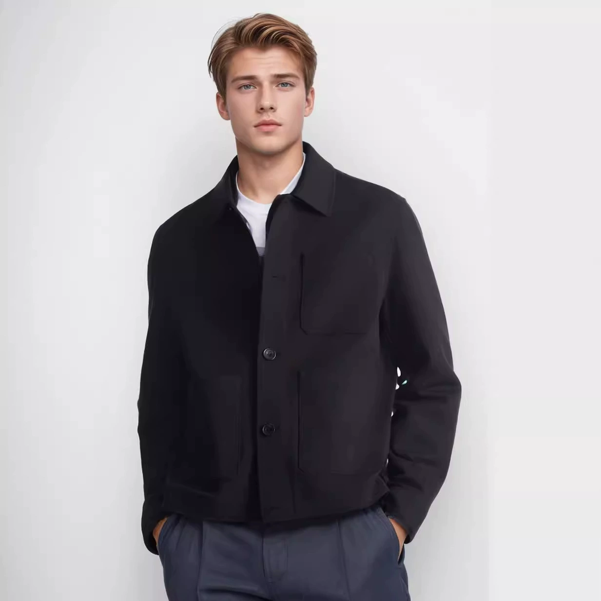 2024 европейская и американская новая мужская повседневная модная рабочая одежда с лацканами, однотонная рубашка-куртка