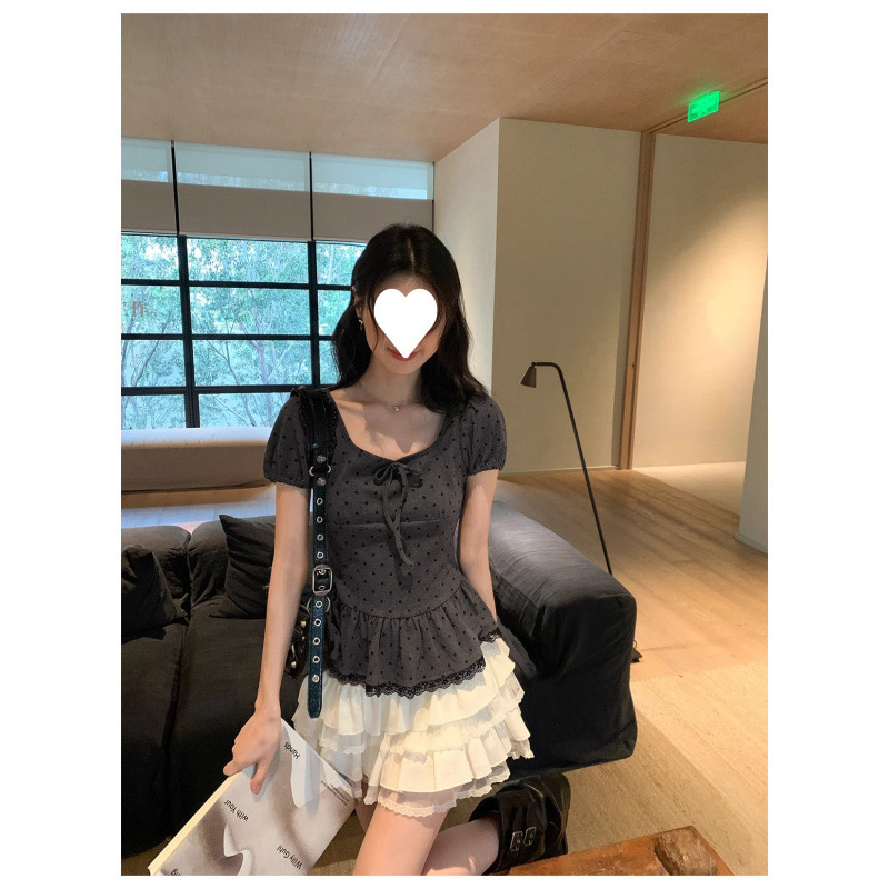 2025新款花边捏褶拼接波点短袖衬衫女夏季新款气质显瘦收腰上衣|undefined