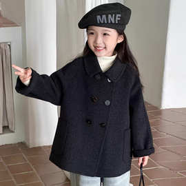 外贸跨境韩系秋冬新款儿童大衣女童中大童羊毛呢外套宽松呢子外套