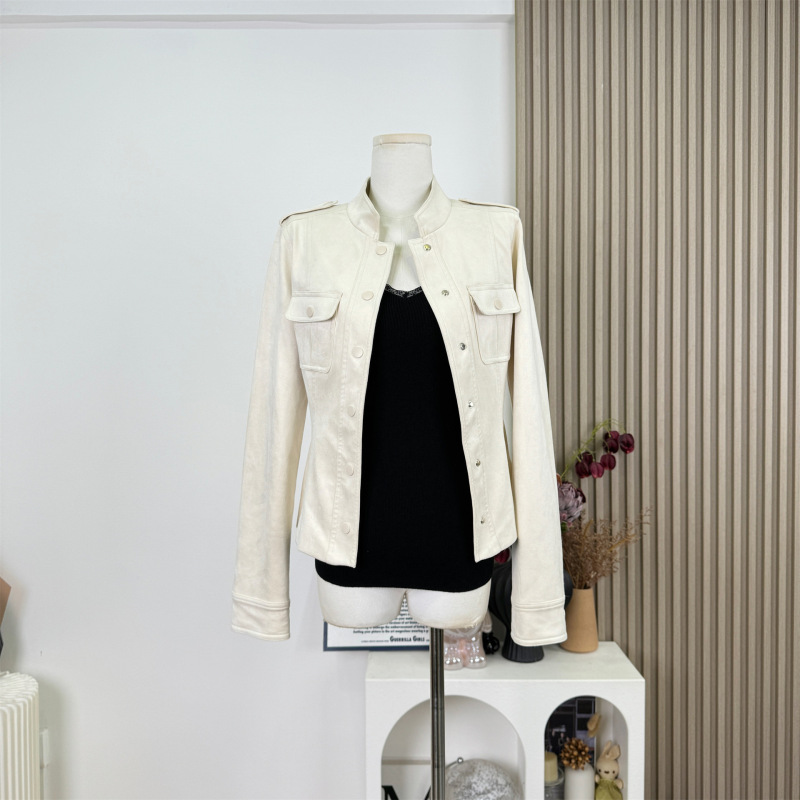 White Simple Elegant Waist Slimming Stand Collar Suede Jacket Casual Versatile Autumn Jacket Top