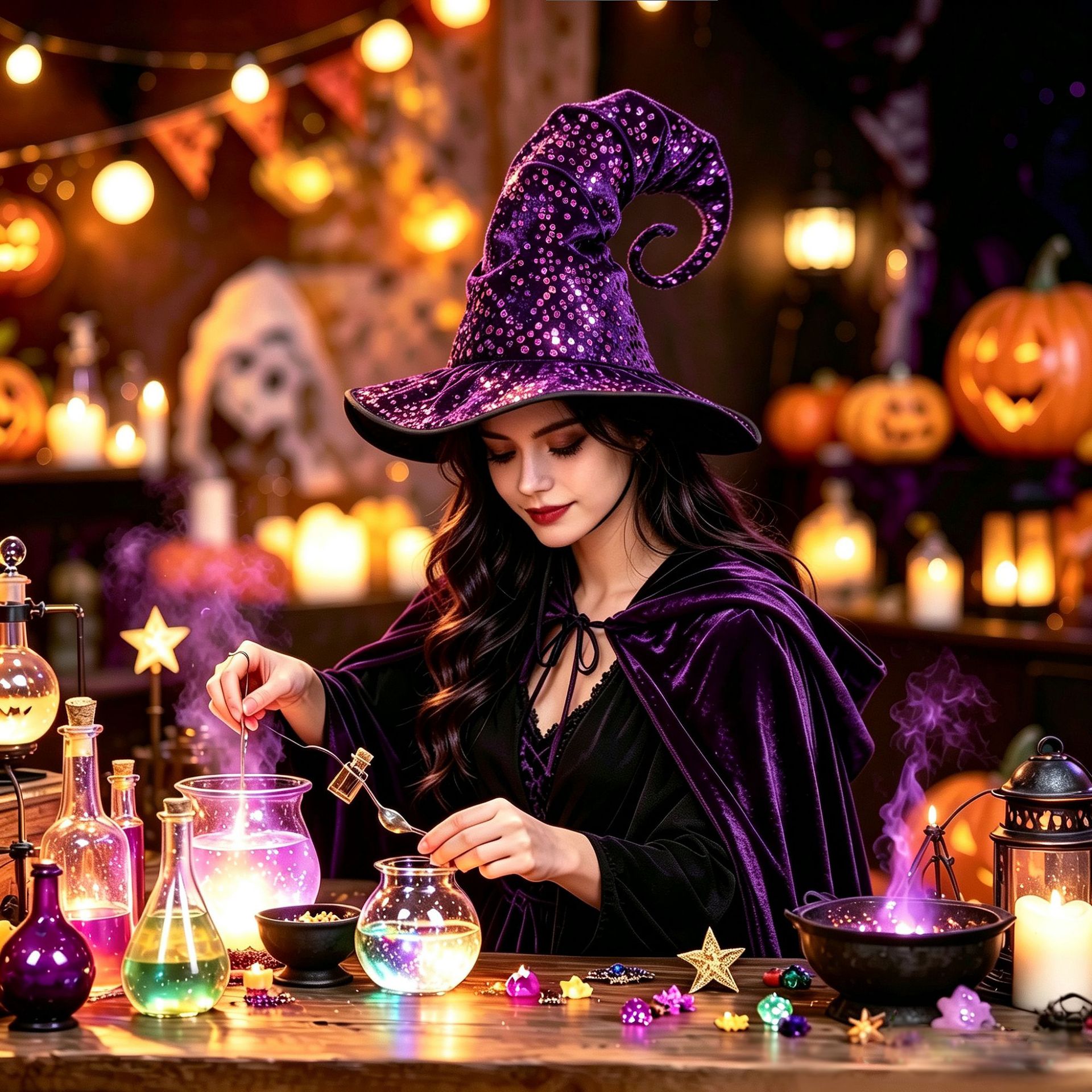 Cross-border Halloween sequin witch hat, long-tailed pointed witch hat, cosplay costume, wizard hat prop for parties