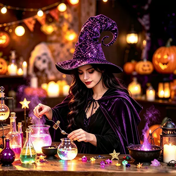 Cross-border Halloween sequin witch hat, long-tailed pointed witch hat, cosplay costume, wizard hat prop for parties