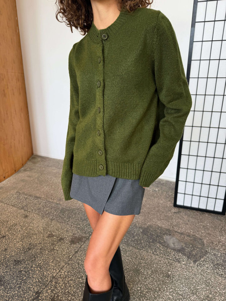Áo cardigan len dệt kim cổ tròn dáng rộng phong cách Âu Mỹ — Màu vàng nhạt, Màu đỏ sẫm, Xanh ô liu, màu xám chi tiết 9