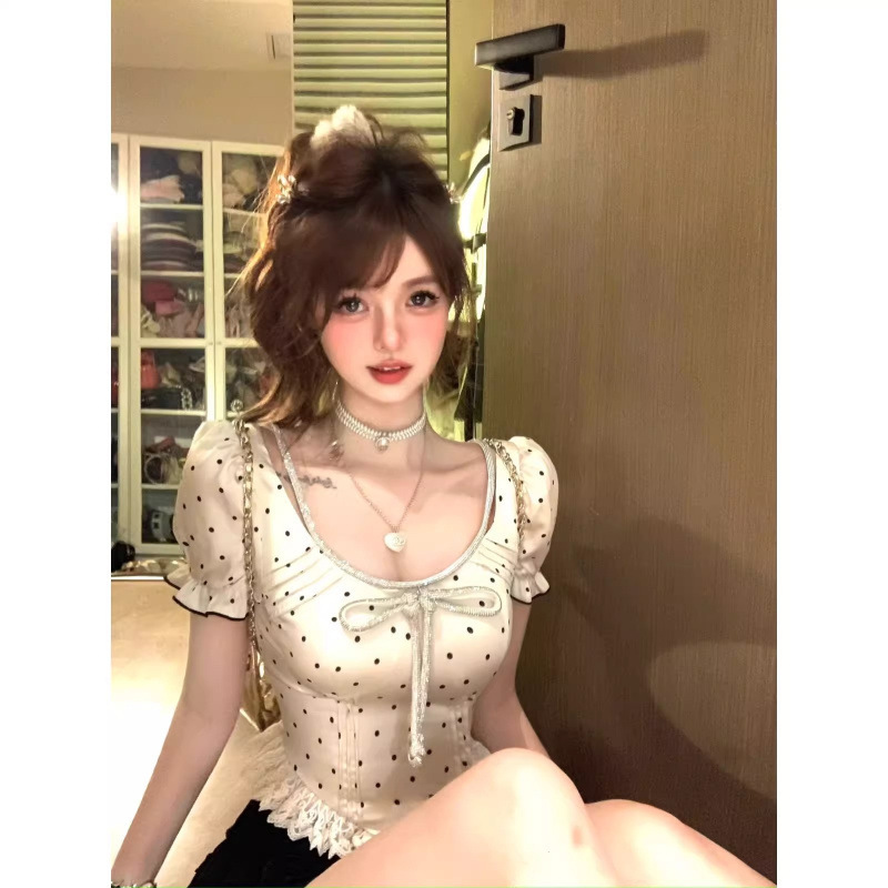 ストリートスタイル、ユニークで美しい、スカートとトップス、リッチガール、甘い水玉模様のラインストーン、スリムフィット、半袖、夏|undefined