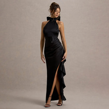 XY25075全托管个性花边开叉连衣裙 跨境新款高龄褶皱宴会礼服裙女