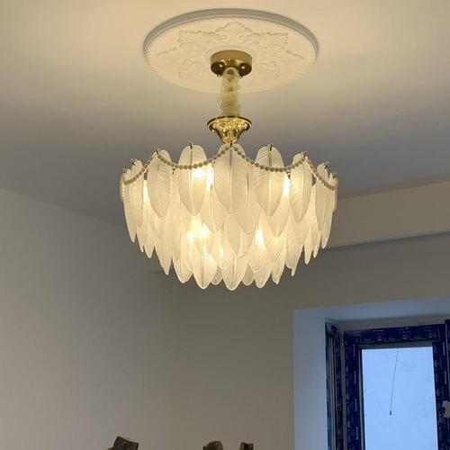 French-style vintage feather and crystal chandelier: Full-spectrum, eye-friendly American mid-century pearl pendant light for bedrooms, living rooms, and studies