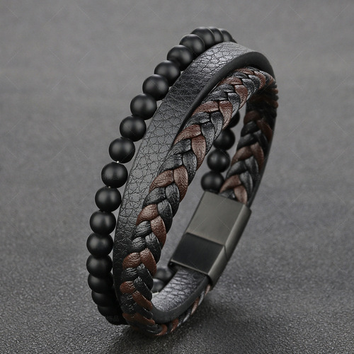 Cross-border new arrival: Natural Scrub Beads, Stainless Steel Leather Bracelet, Titanium Steel Men's Jewelry, Beaded Accessories—Elegant European & American Style