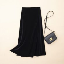 韩版女装批发侧开叉高腰垂感黑色中长裙丝绒半裙半身裙短裙优雅美