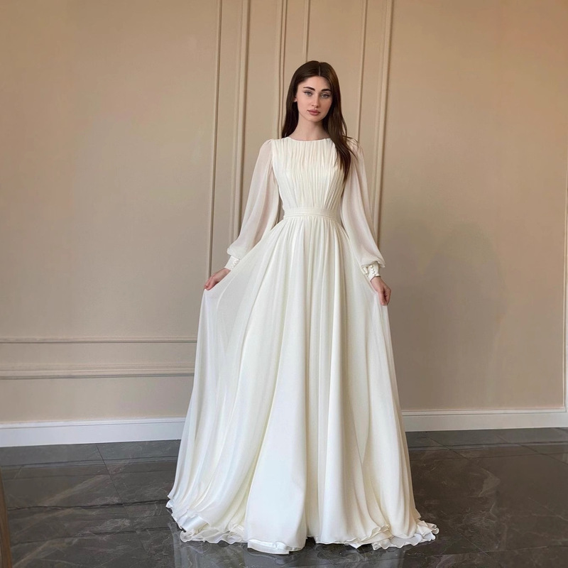 2026 Cross-Border Fashion Palace-Style French White Double-Layer Chiffon Large Hem Princess Fairy Dress Long Gown Dress