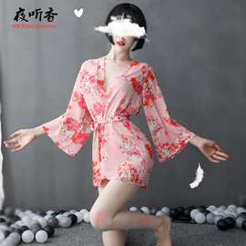 新款性感情趣内衣日式大码印花浴袍套装和服诱惑睡衣家居睡袍代发