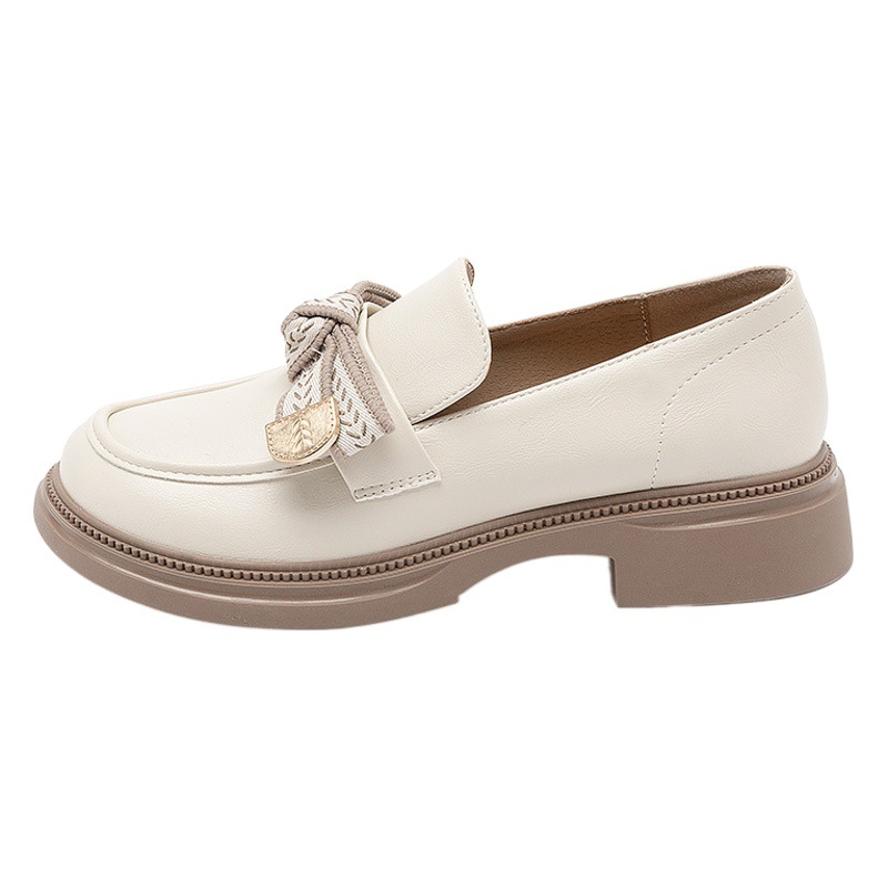 Mocasines Augu Shiden para mujer, estilo primavera 2026 con lazo, zapatos de cuero blanco estilo británico con suela gruesa y forro de lana.