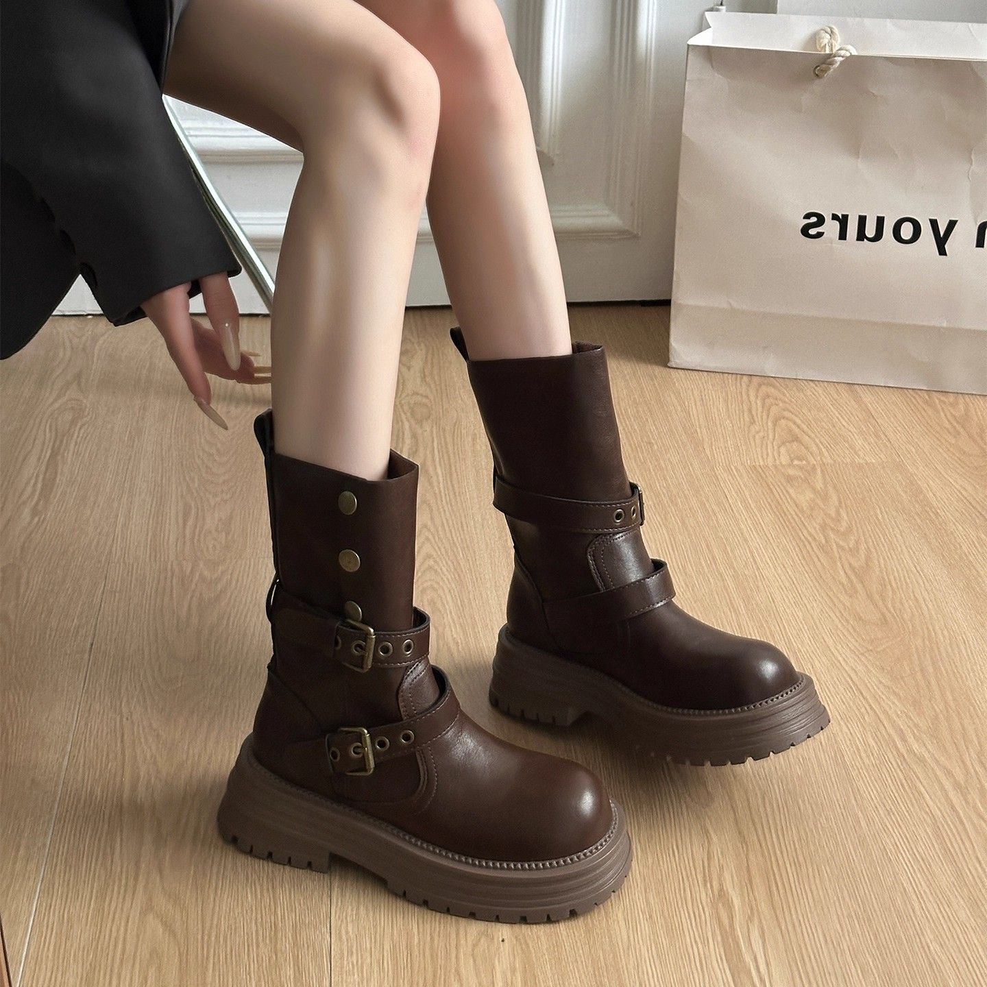 Brown Retro Maillard Thick-Soled Boots for Women 2025 New Autum British Style Slimming Look and Heightening Short Boots