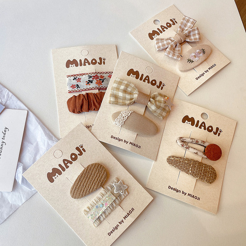 Early autumn milk coffee color plaid embroidered bow hair clip Korean style children's bangs clip broken hair BB clip baby side clip