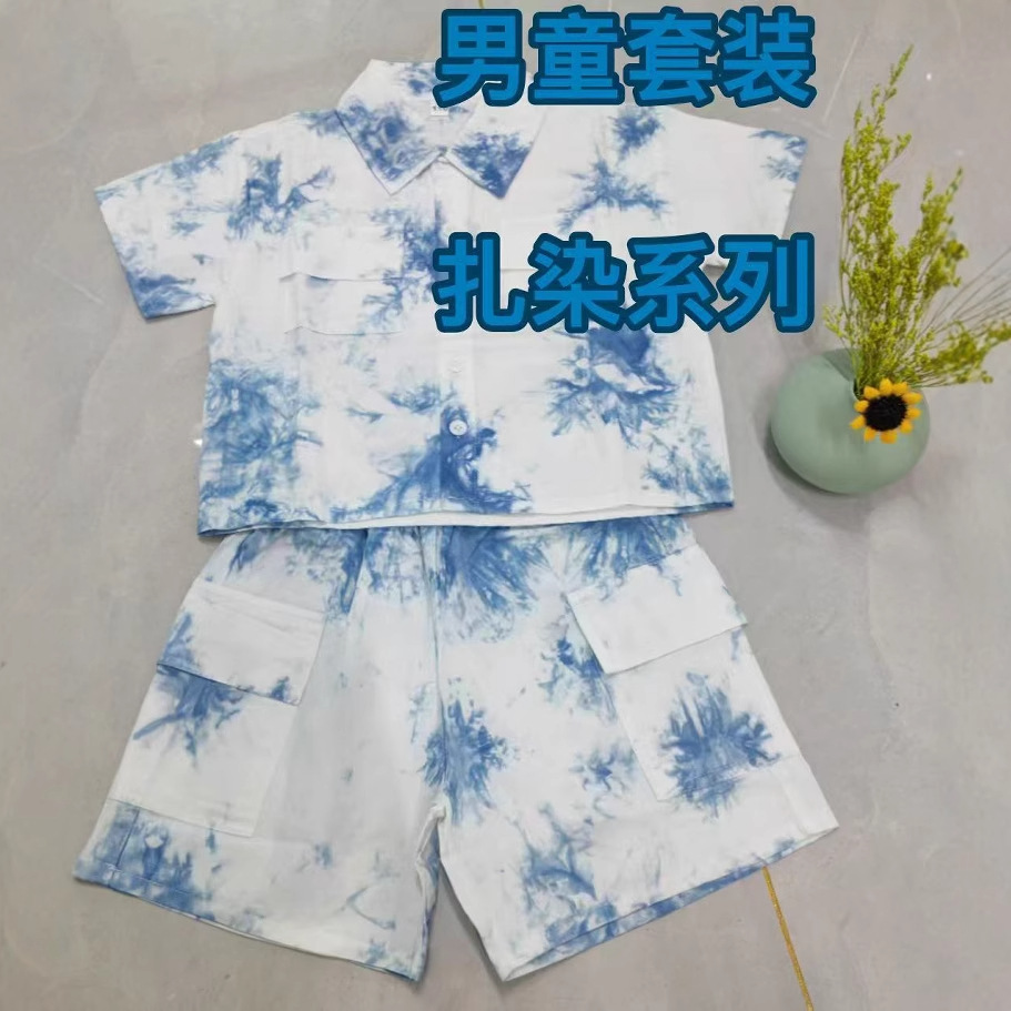 2025 summer baby boy suit original pure plant Radix Isatidis handmade tie-dyed blue