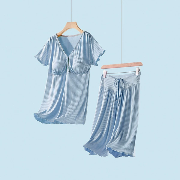 Blue modal cross short sleeves + cropped pants