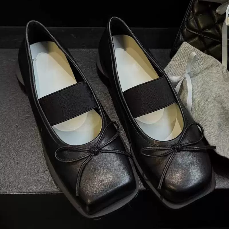 现货秒发！复古浅口鸳鸯方头芭蕾单鞋蝴蝶结一字带粗跟玛丽珍单鞋
