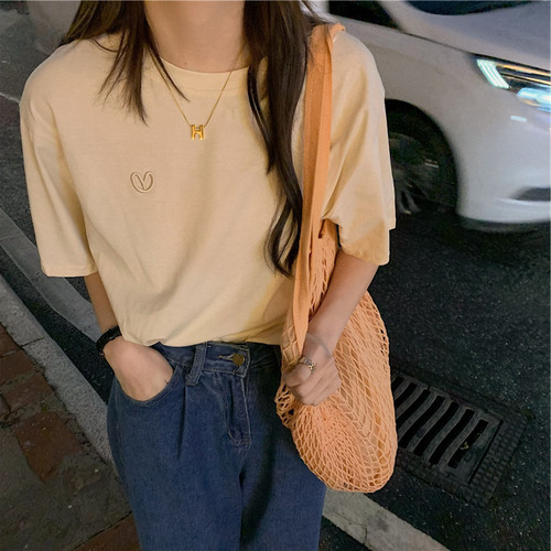 2025 Summer Embroidered Short-Sleeve T-Shirt for Women, White, New Style Simple Round Neck Loose Base Shirt for Girls, Over-the-Head Top