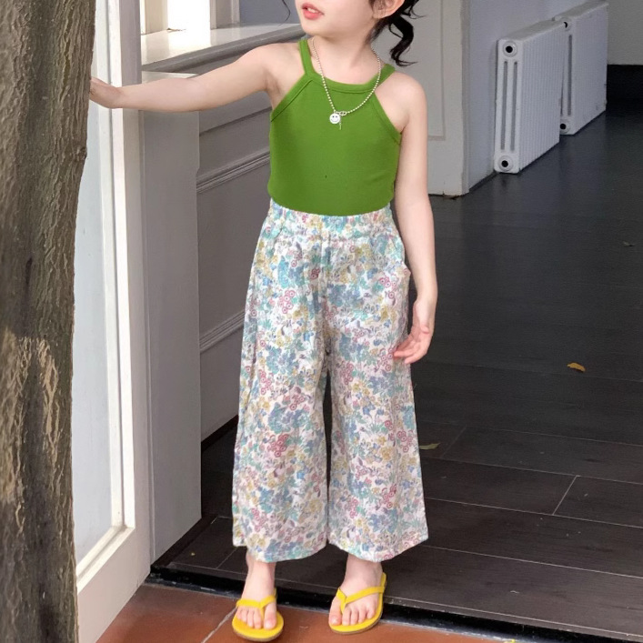Girls' Wide Leg Pants 2025 Summer New Children 2-7 Years Old Korean Style Floral Nine-point Pants Children's Outer Wear Pants