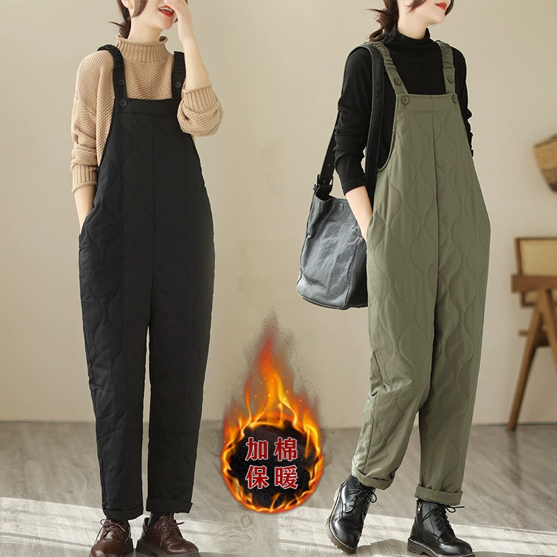Осенне-зимние новые теплые брюки на подтяжках в Корейском стиле художественные однотонные свободные облегающие универсальные стеганые теплые хлопковые брюки