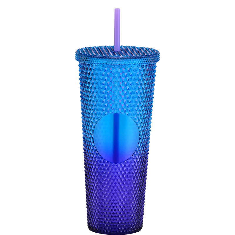 二層プラスチックストローカップ大容量クリエイティブ 710 ミリリットルドリアンカップハンドカップ発光変色レインボーグラデーションカップ|undefined