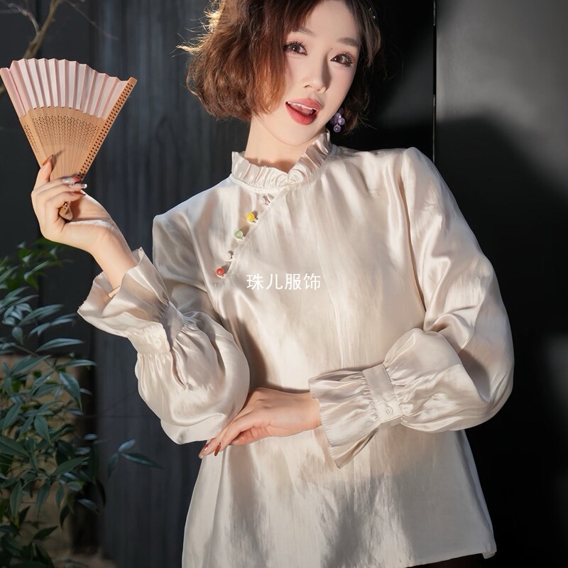 New Chinese-Style Loose-Fitting Nanyou Stand-Collar Shirt, Satin Top with Artistic National Style Buttons, Shenzhen Gold-Plated Lace, Seven-Color