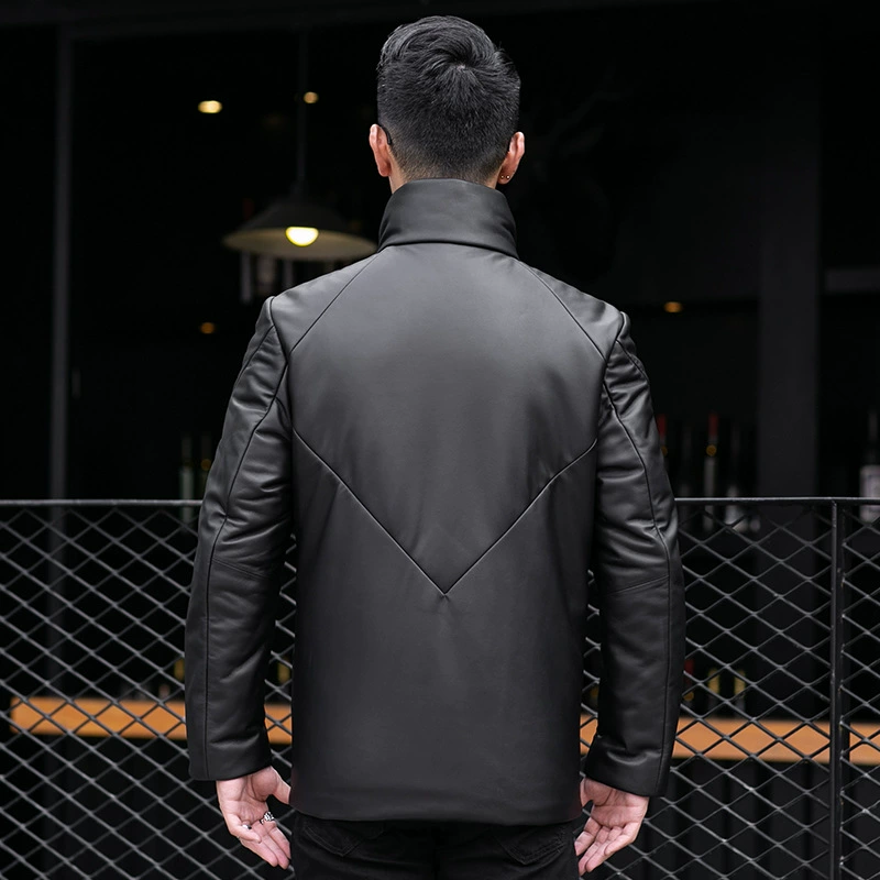 Warm jacket with down for leisure, genuine leather