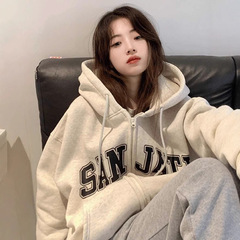 拉链开衫美式宽松秋季新款慵懒风加厚连帽卫衣女oversize加绒外套