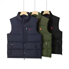 Men's Stand Collar Down Vest Thick Warm Duck Down Solid Color Sleeveless Zip Outerwear for Fall/Winter