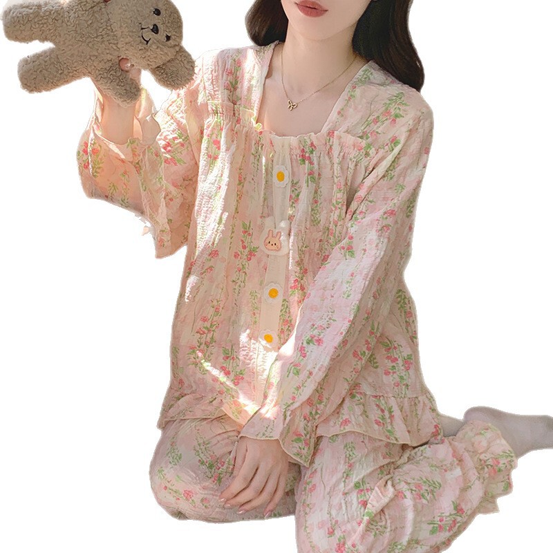 云朵棉睡衣女带胸垫春秋季新款公主风碎花长袖长裤宽松家居服套装|undefined