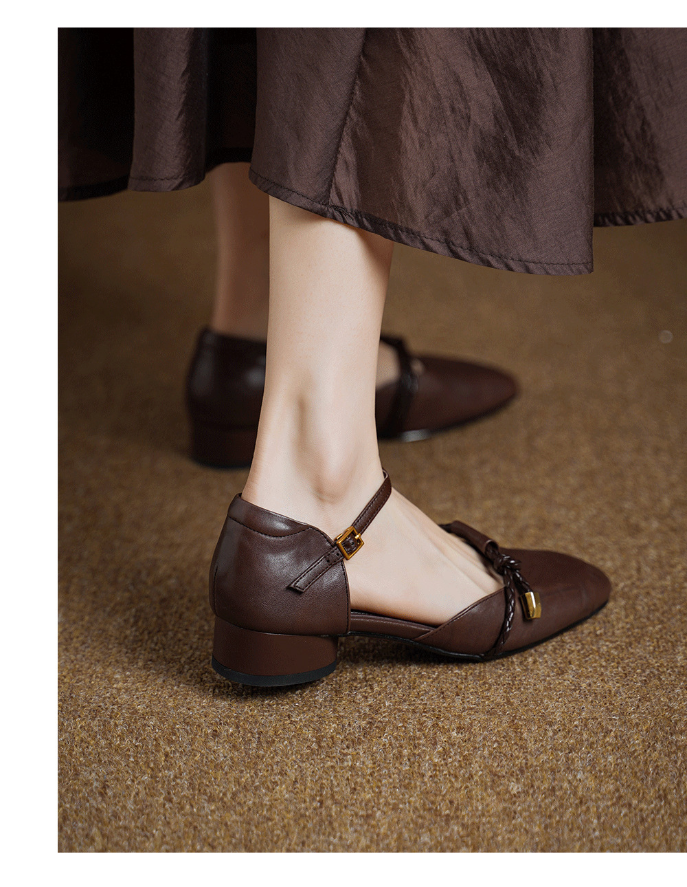 Sandal nữ gót thấp 3 cm quai ngang một khóa, mũi kín gót kín kiểu dáng thanh lịch — Màu nâu (cao 3cm) chi tiết 8